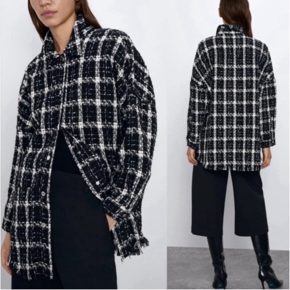 Zara Plaid Women’s Tweed Snap Button Shirt Jacket Black White Blogger Shacket XS